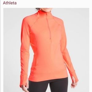 NWT Athleta Whittier Peak Half Zip, Sz S. Neon coral. Zip pocket, thumb holes.